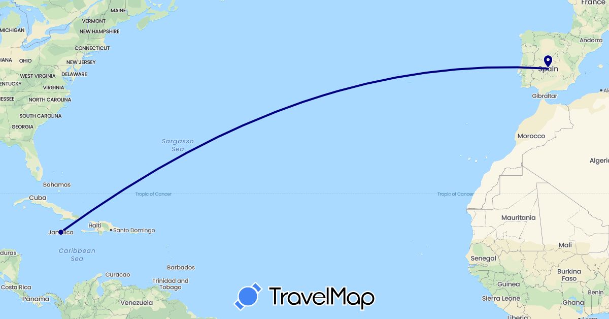 TravelMap itinerary: driving in Spain, Jamaica (Europe, North America)